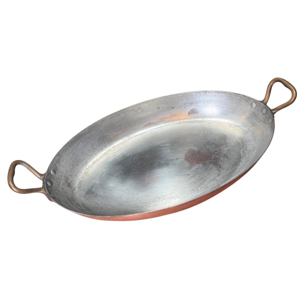 Design France Store Copper Oval Gratin Pan Made in France Brass Handles 12"